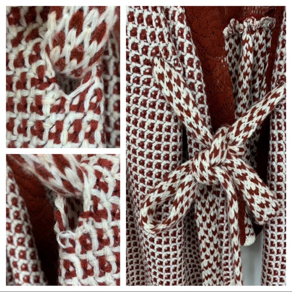 Rare Boho Ryu Rust Red & White Knit Tied Cardigan Sweater New Nwt Size Large - Picture 5 of 16